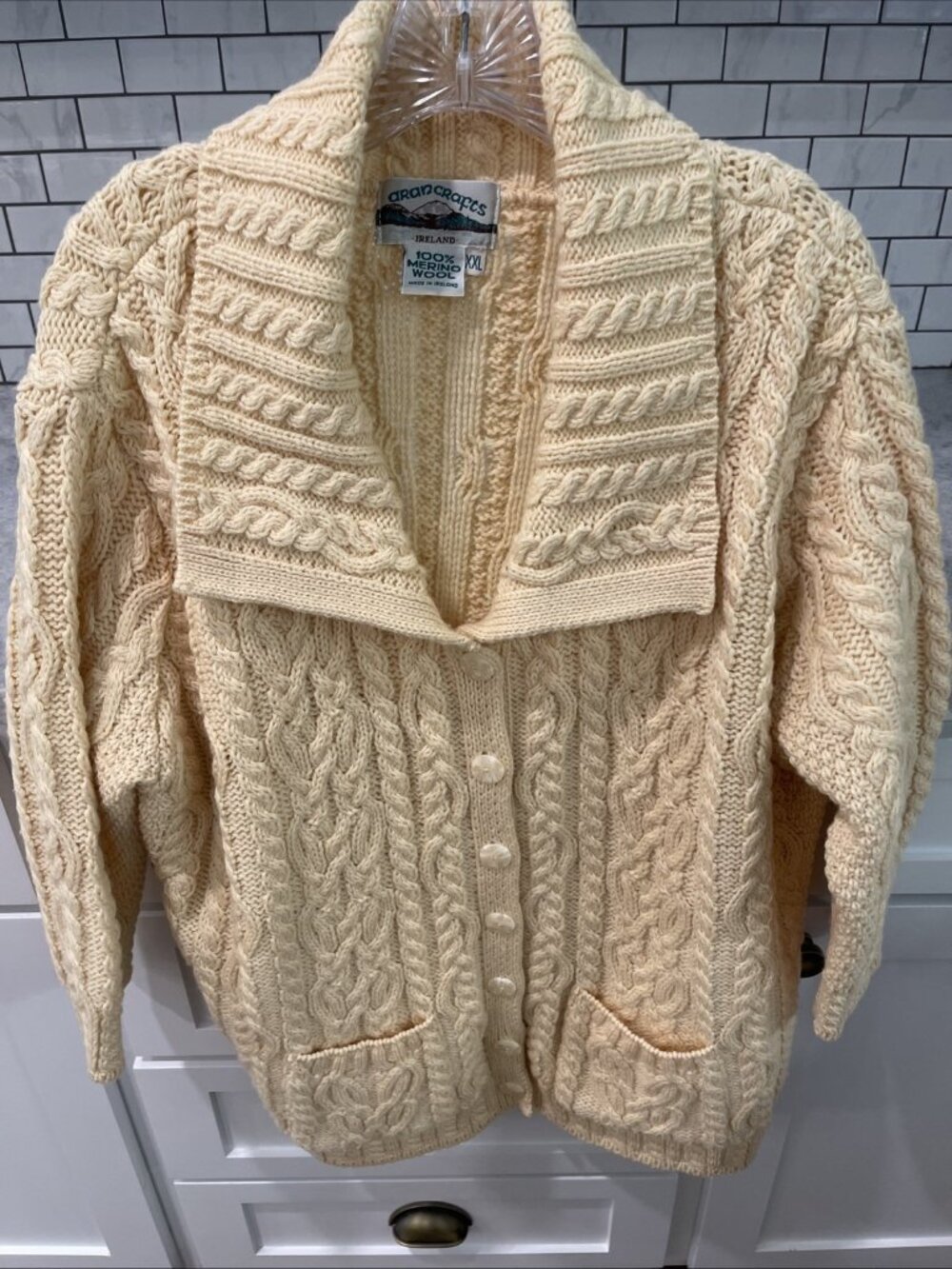 Aran Crafts Wool Cardigan Sweater Womens XXL Butter Yellow Cable Knit Merino